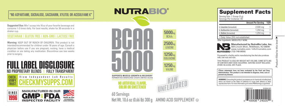 NutraBio BCAA 5000 scoop showing serving size for easy dosing.