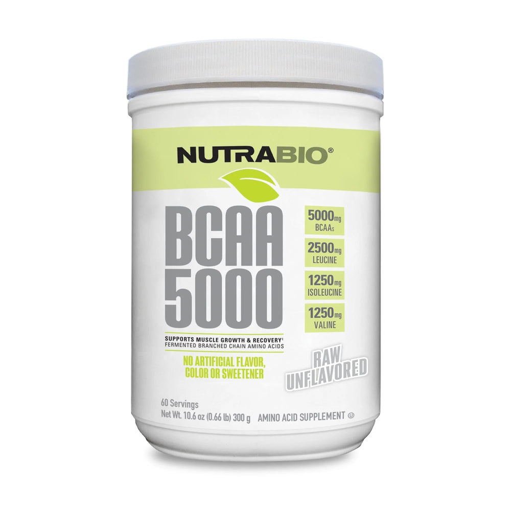 NutraBio BCAA 5000 unflavored powder bottle close-up for recovery.