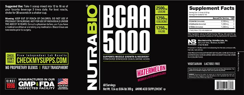 NutraBio BCAA5000 Watermelon powder scoop emphasizes convenient serving and quick mix.
