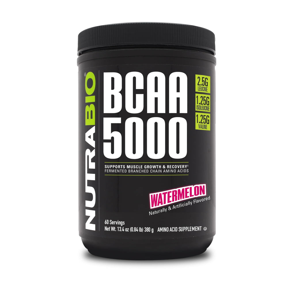 NutraBio BCAA5000 Watermelon tub label with full disclosure and plant-based ingredients.