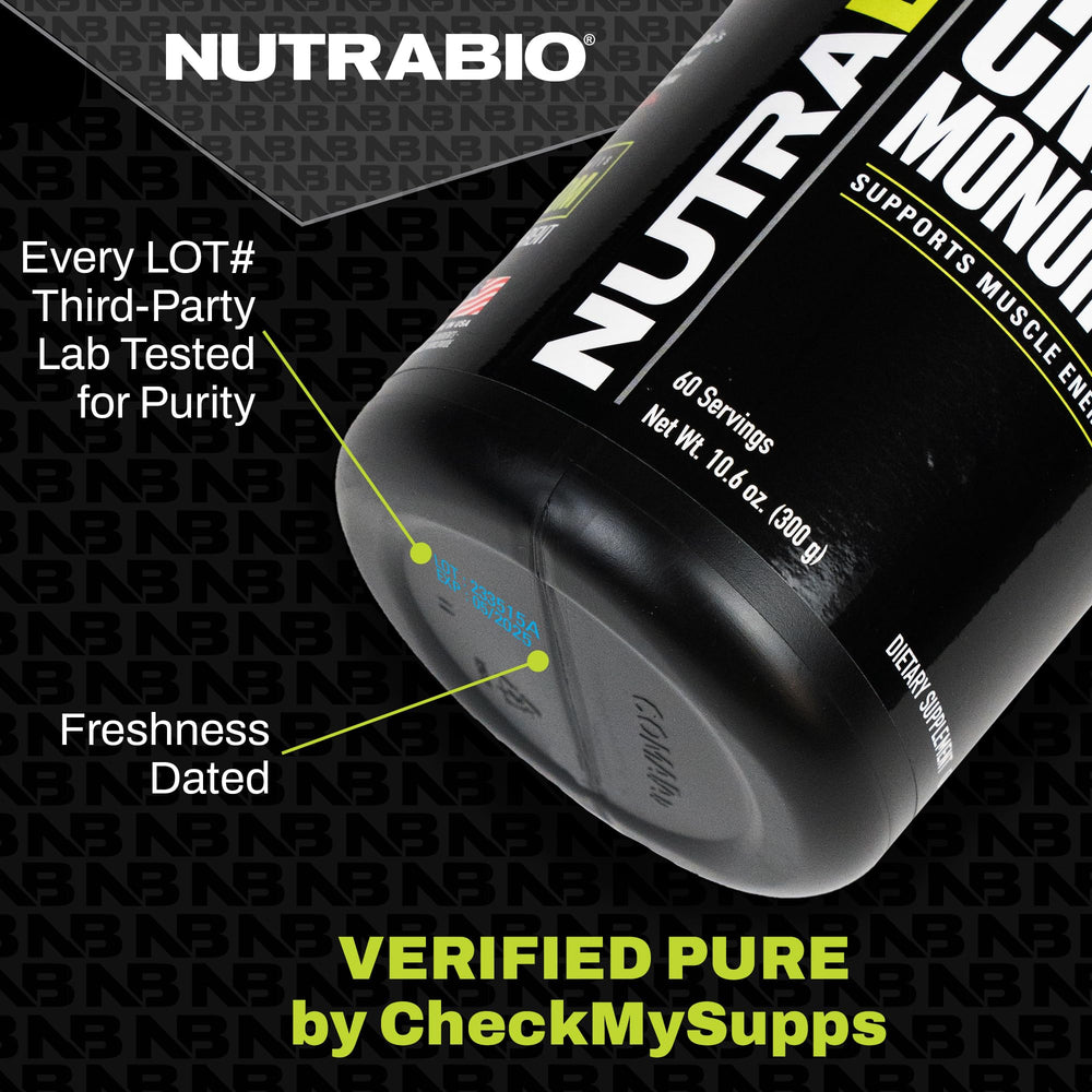 NutraBio Classic Whey bottle with scoop suggests convenient daily use.