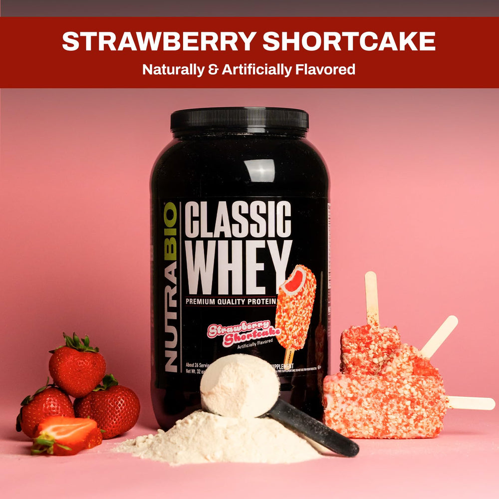 NutraBio Classic Whey powder texture closeup highlights protein density.