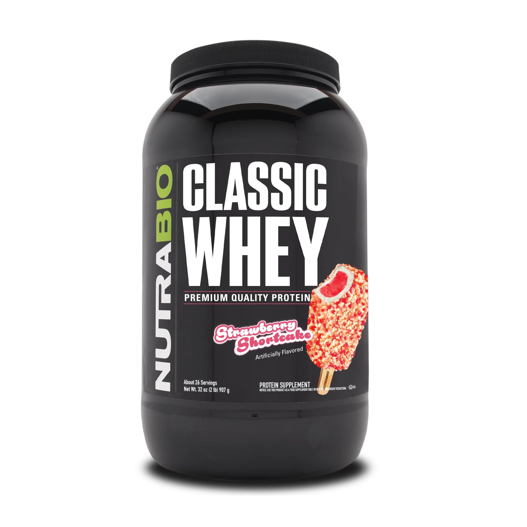 NutraBio Classic Whey Strawberry Shortcake tub front supports post-workout recovery.