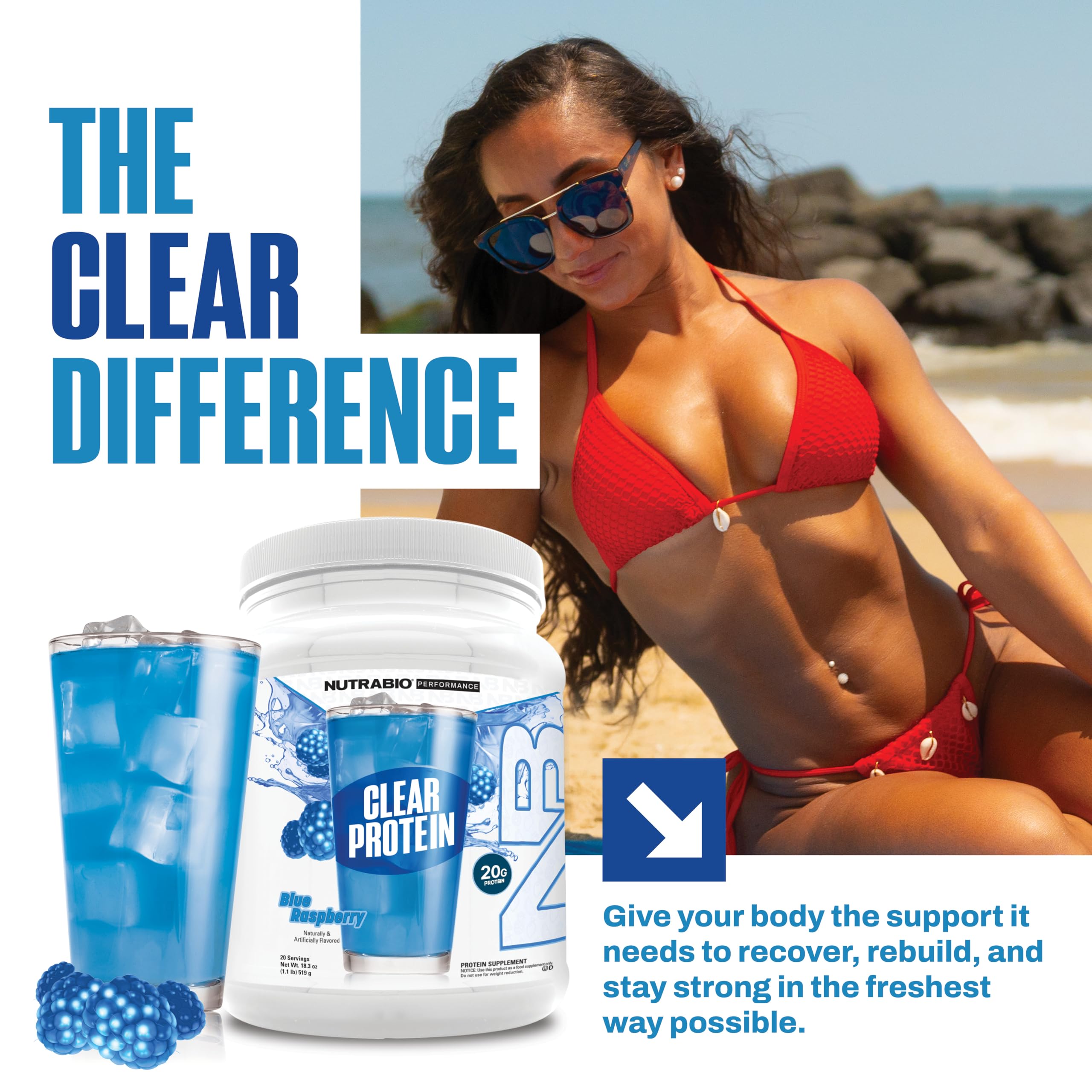 NutraBio Clear Whey foam-free mix depicted for smooth fruity flavor