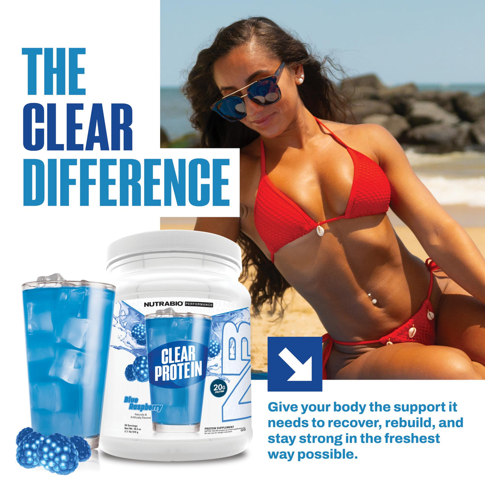 NutraBio Clear Whey foam-free mix depicted for smooth fruity flavor