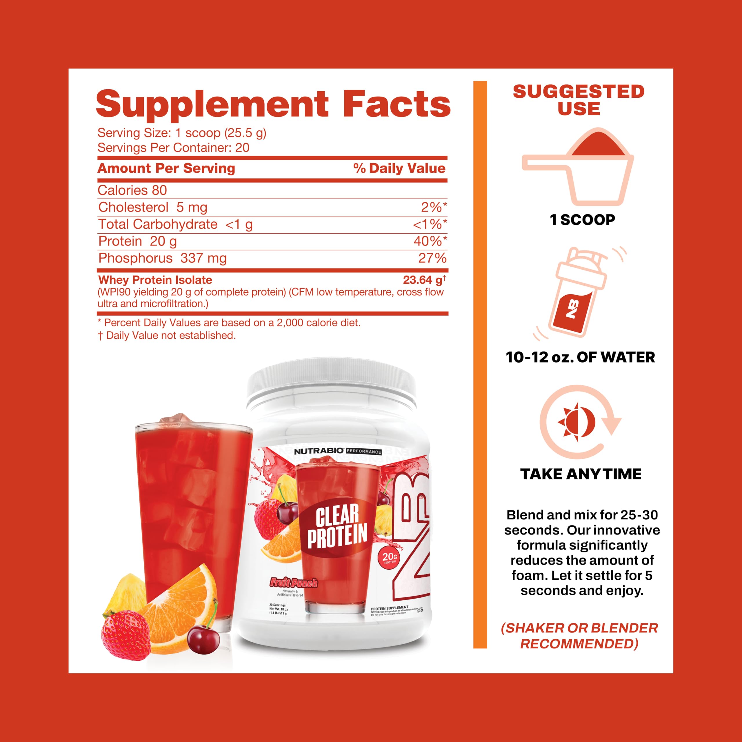 NutraBio Clear Whey Fruit Punch glass displaying a clear, foam-free texture.