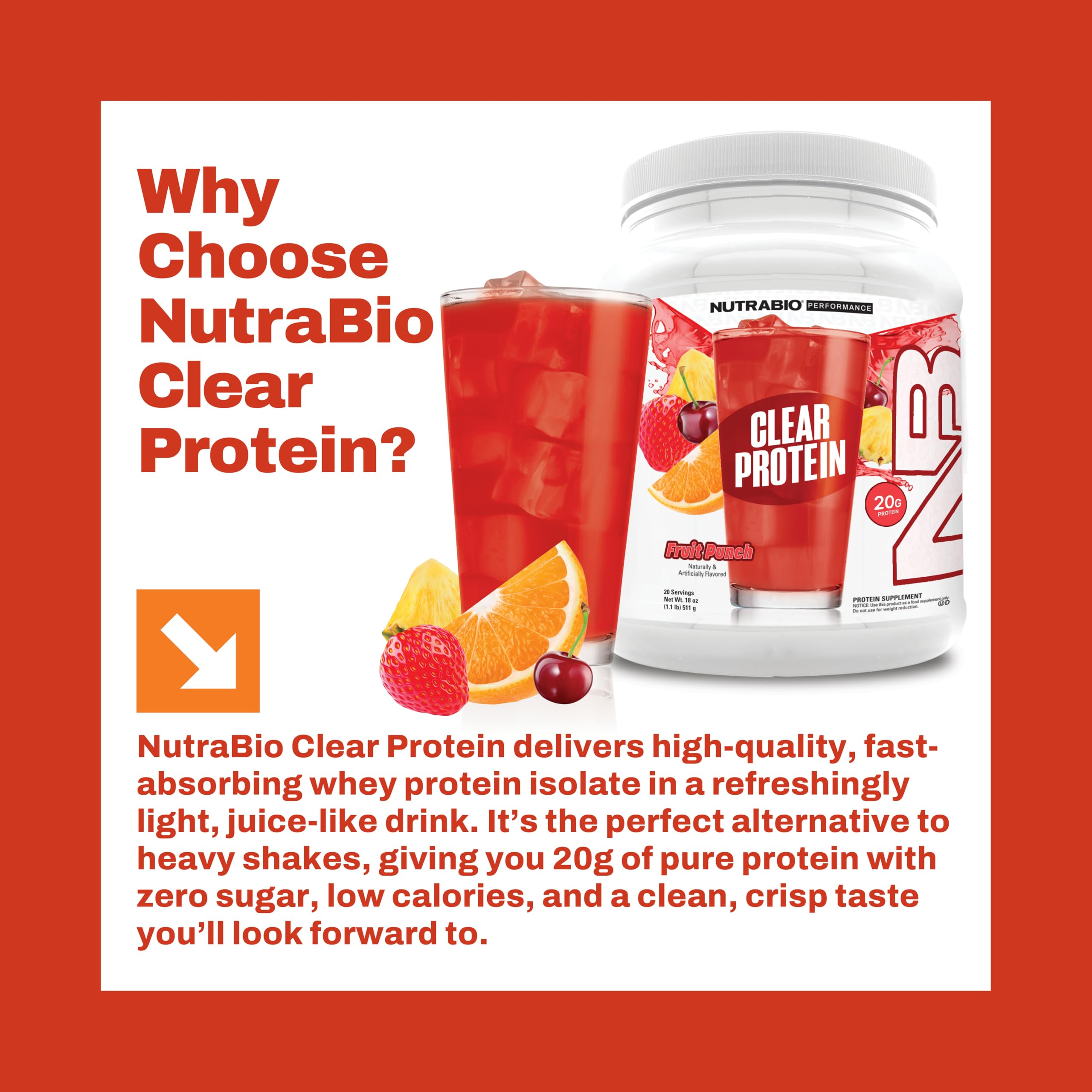 NutraBio Clear Whey Fruit Punch tub open with bright fruit flavor note.