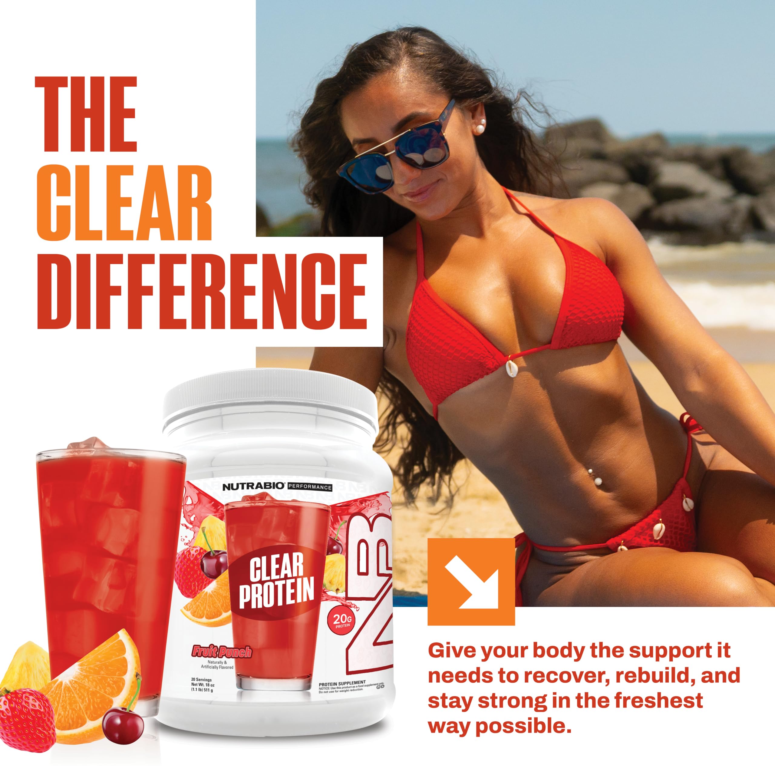 NutraBio Clear Whey Fruit Punch powder scoop for easy measuring before workouts.