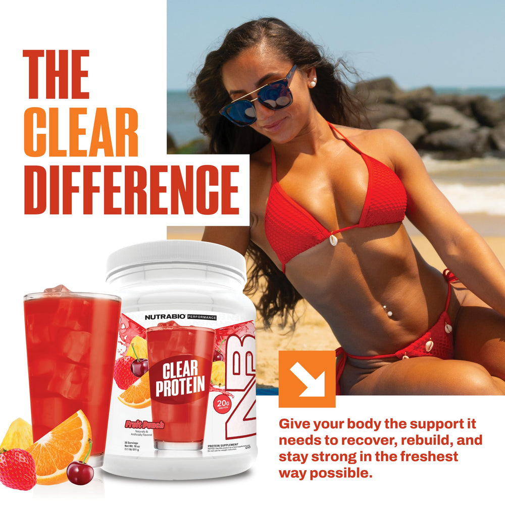 NutraBio Clear Whey Fruit Punch powder scoop for easy measuring before workouts.