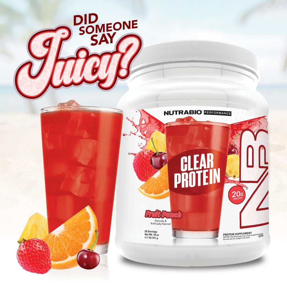 NutraBio Clear Whey Fruit Punch label emphasizing GMP facility and third-party testing.