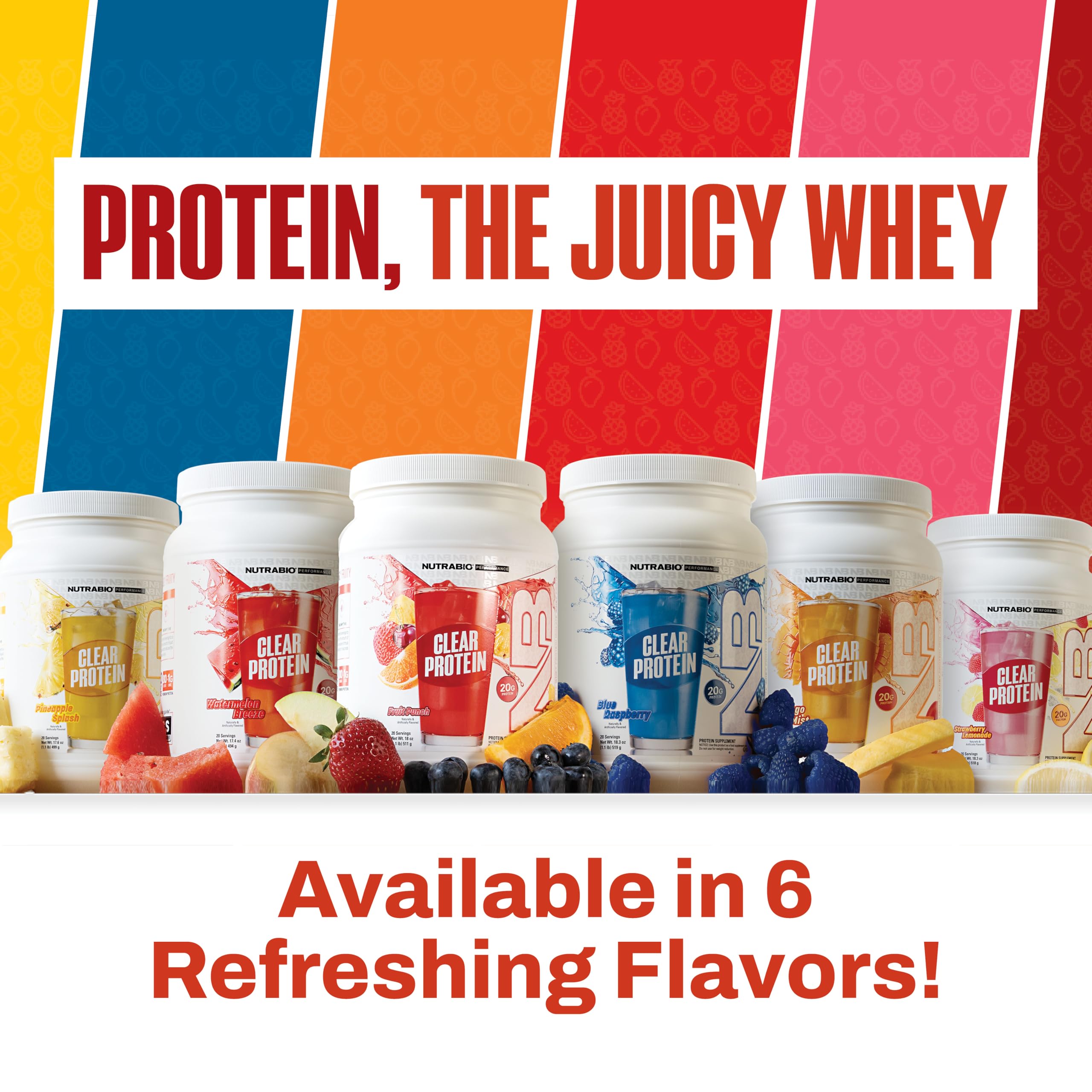 NutraBio Clear Whey Fruit Punch tub with 20 servings for everyday use.