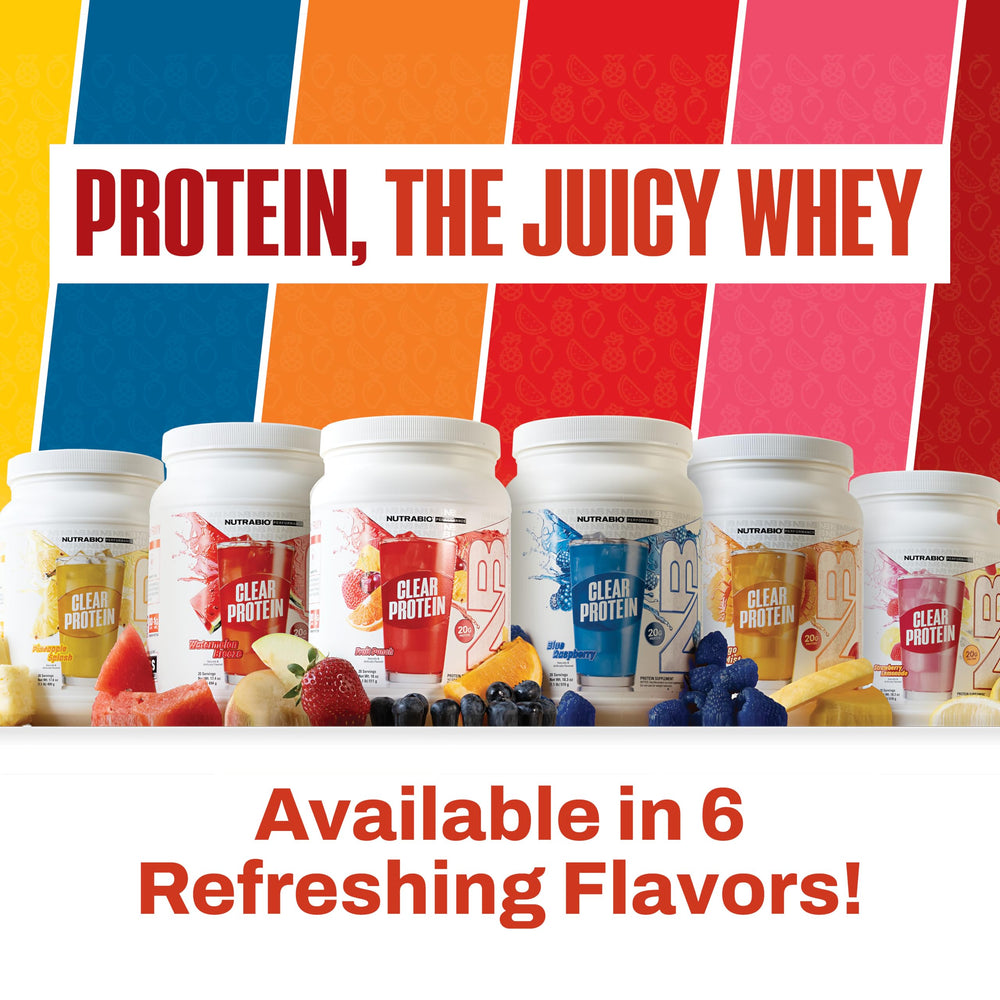 NutraBio Clear Whey Fruit Punch tub with 20 servings for everyday use.