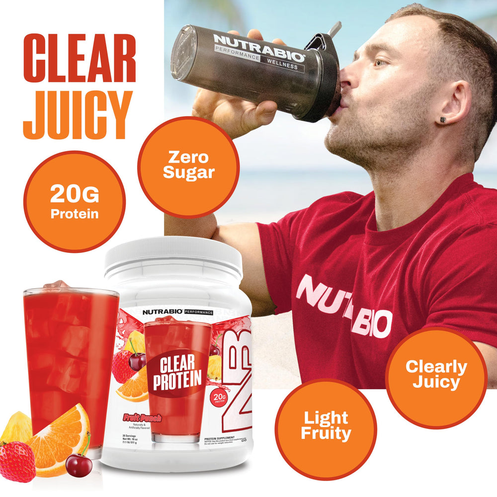 NutraBio Clear Whey Fruit Punch shaker illustrating fast mixability.