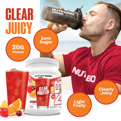 NutraBio Clear Whey Fruit Punch shaker illustrating fast mixability.
