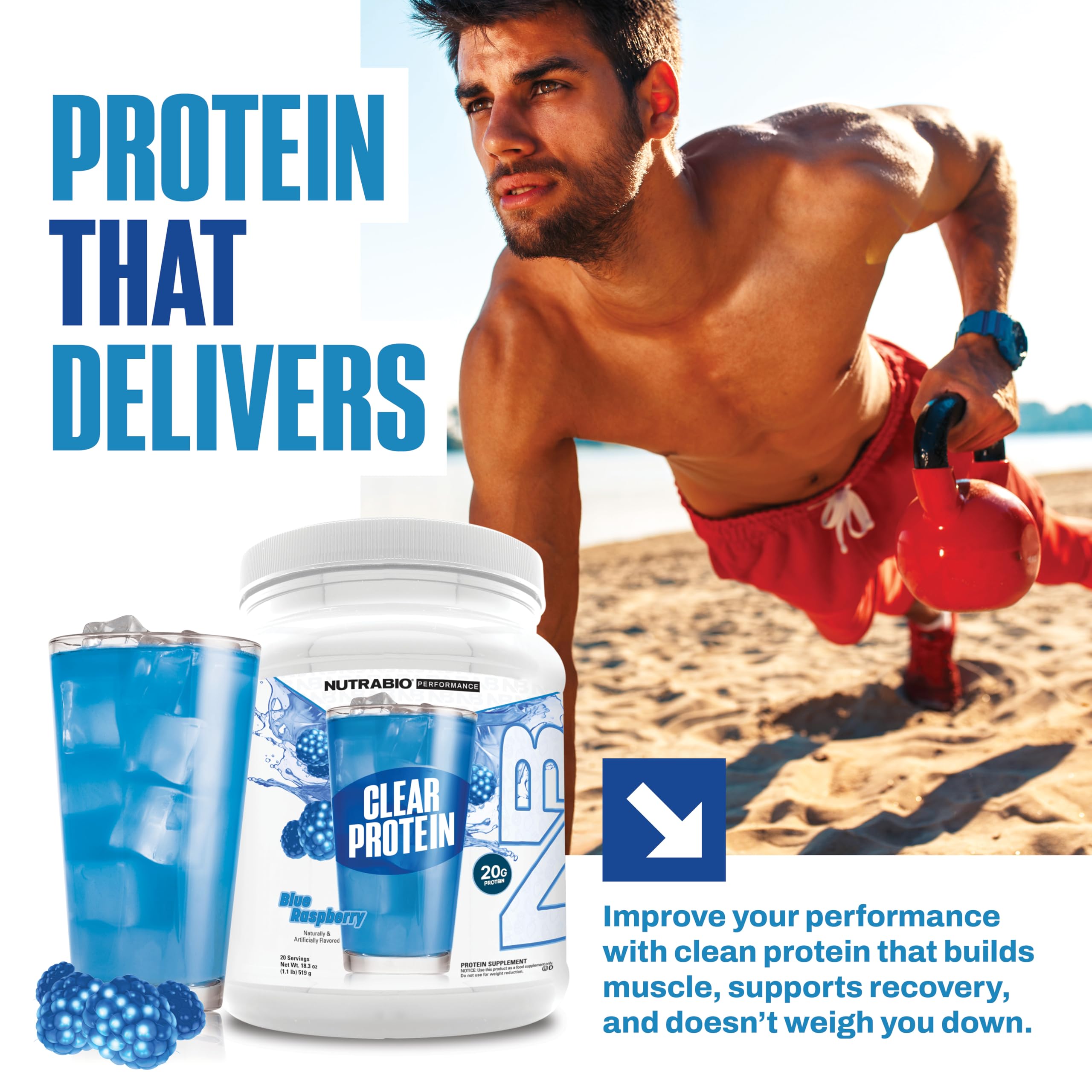 NutraBio Clear Whey Blue Raspberry image conveys a clear fruity flavor