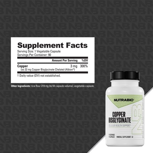 NutraBio copper bisglycinate packaging on shelf with clear branding.