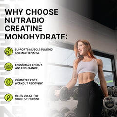 Close-up of NutraBio creatine monohydrate jar label