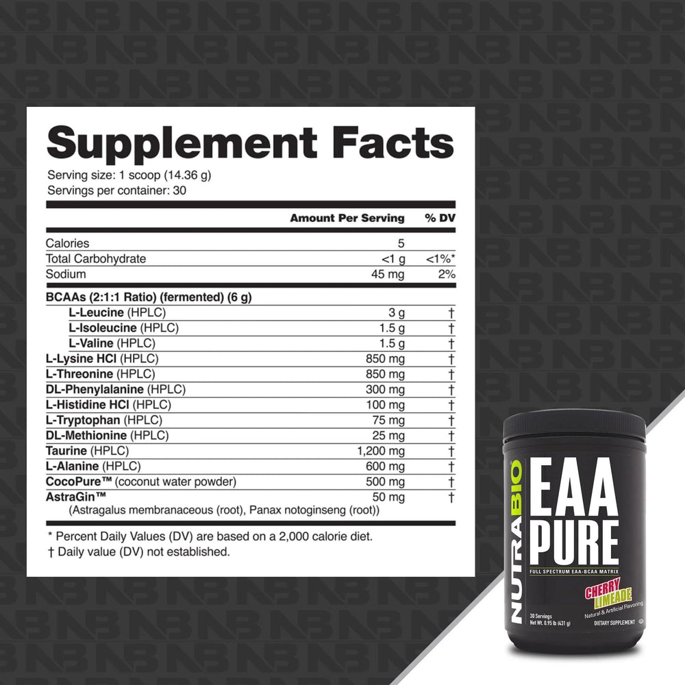 Glass of NutraBio EAA Pure cherry limeade ready to mix for a refreshing workout beverage.