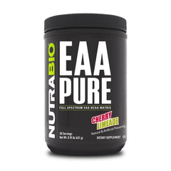 NutraBio EAA Pure cherry limeade tub emphasizes a complete amino blend for post-workout recovery.