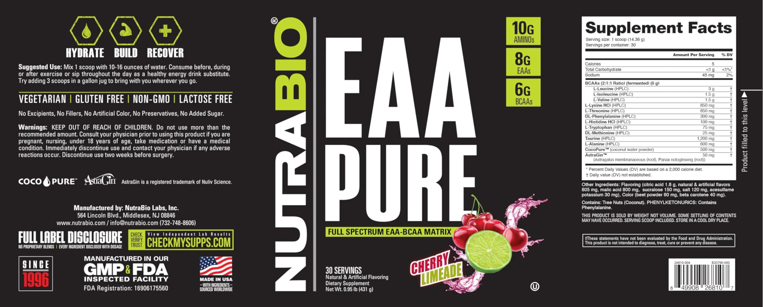 Close-up of NutraBio EAA Pure scoop highlighting a 10g amino acid serving for recovery.