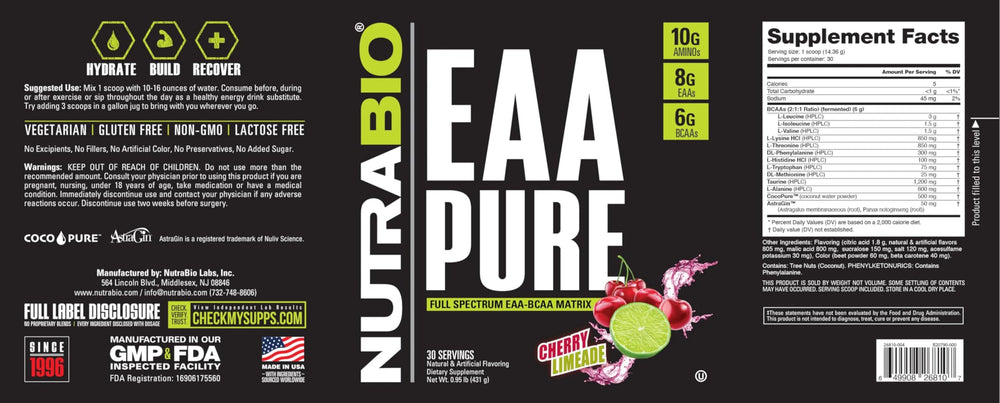 Close-up of NutraBio EAA Pure scoop highlighting a 10g amino acid serving for recovery.