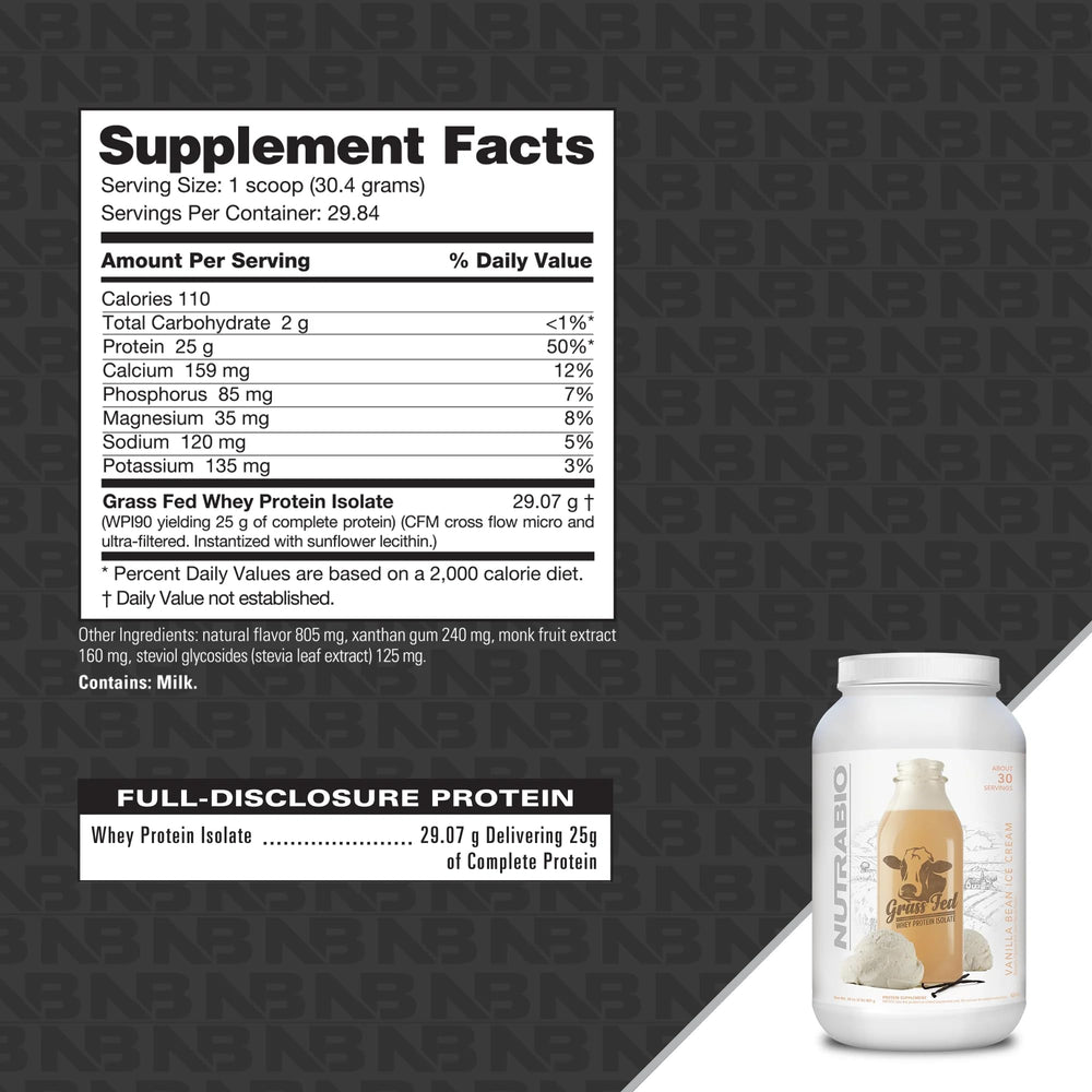 NutraBio Whey Isolate scoop showing 25 g protein per serving for a quick refuel.