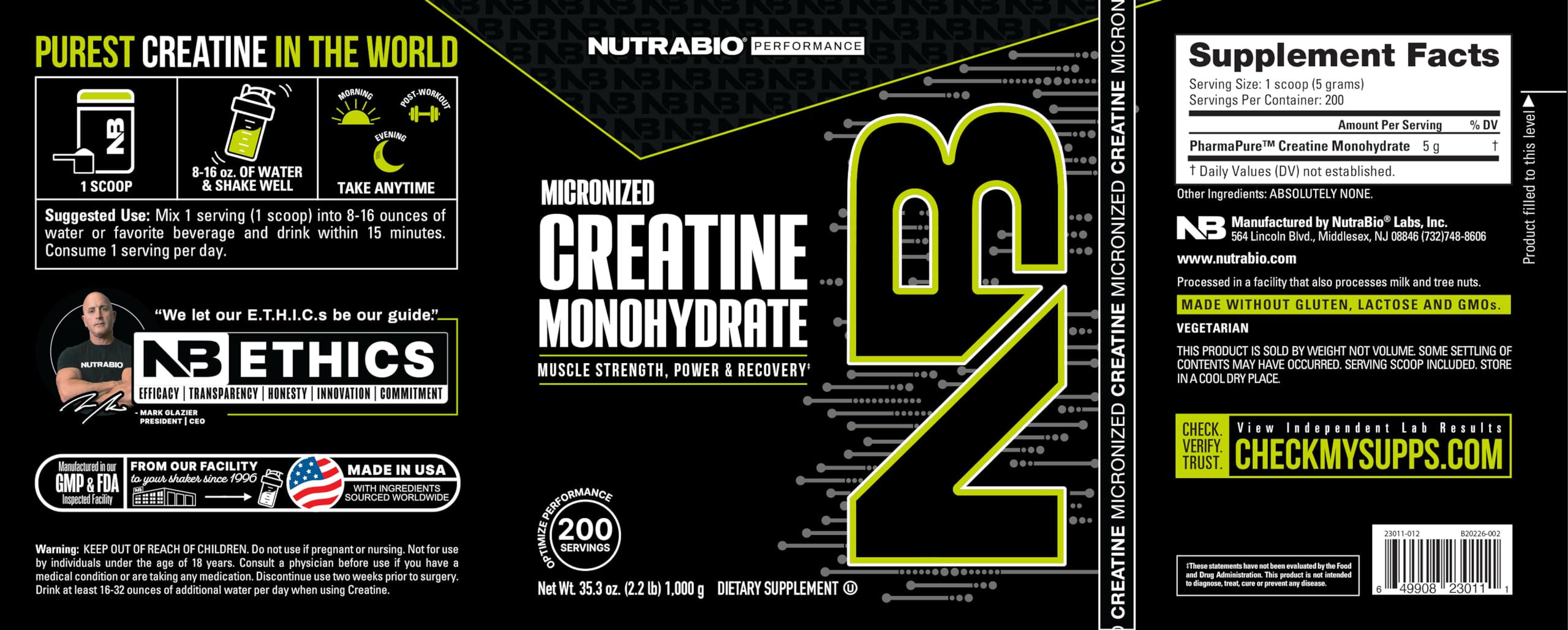 NutraBio pure creatine monohydrate ingredient details