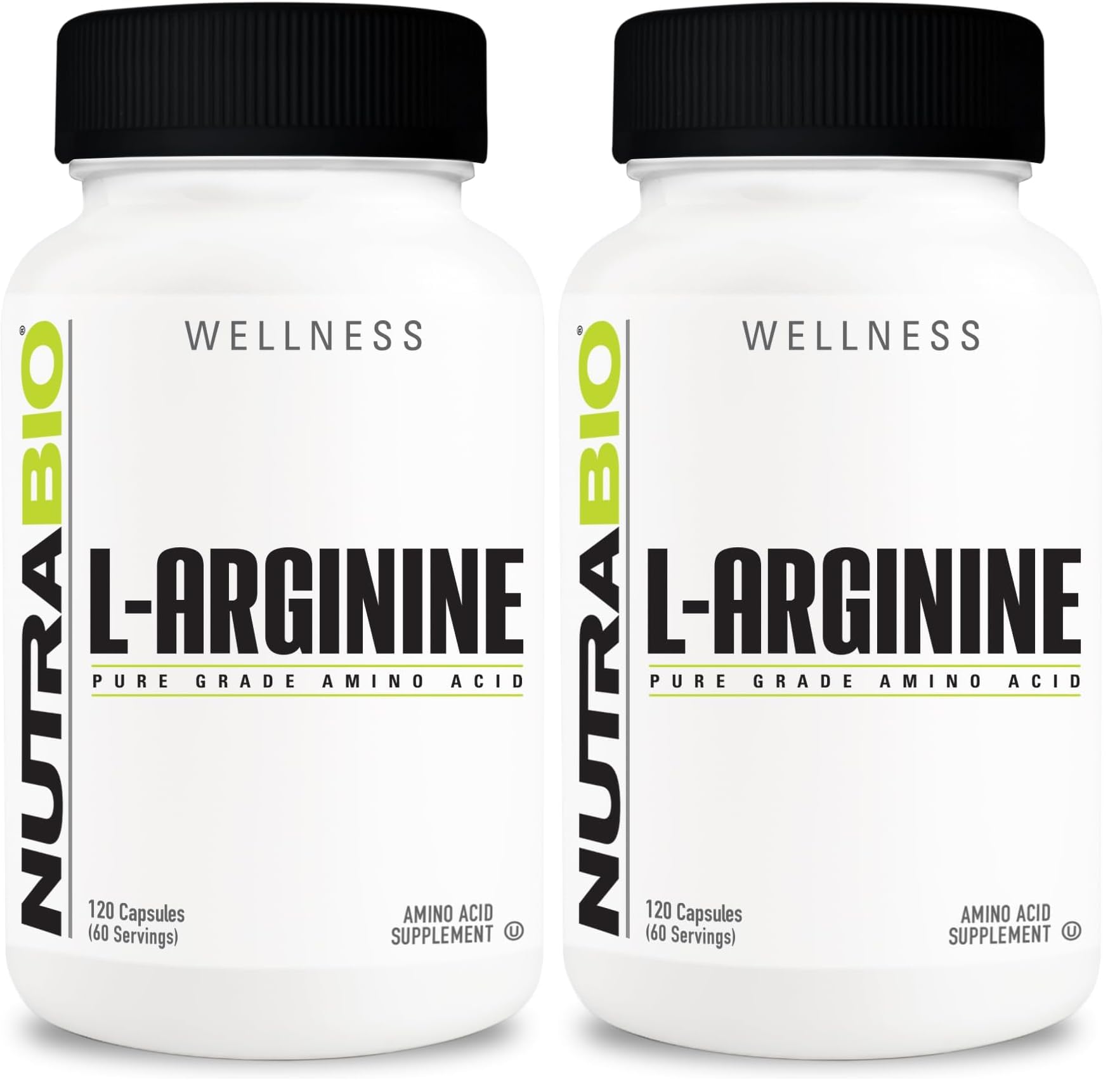 NutraBio L-Arginine bottle showing nitric oxide support for vascular health