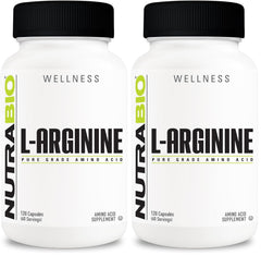 NutraBio L-Arginine bottle showing nitric oxide support for vascular health