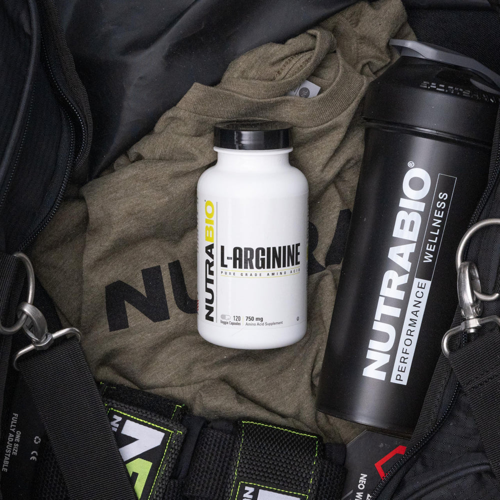 NutraBio L-Arginine capsules close-up highlighting high-purity supplement