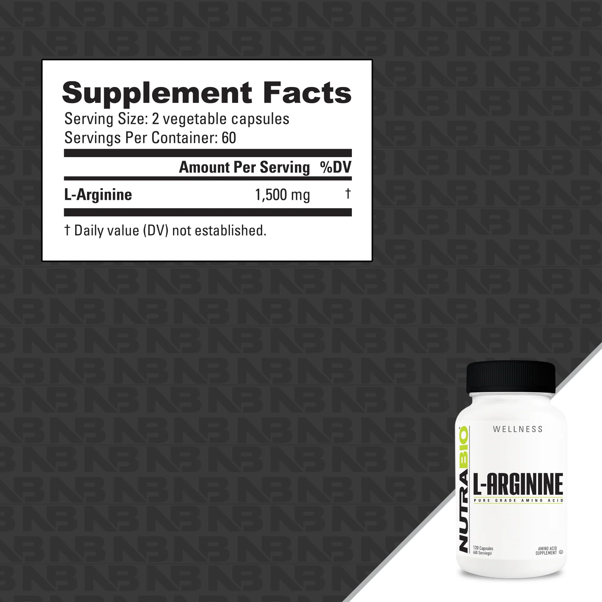 NutraBio L-Arginine label close-up with third-party testing indicators