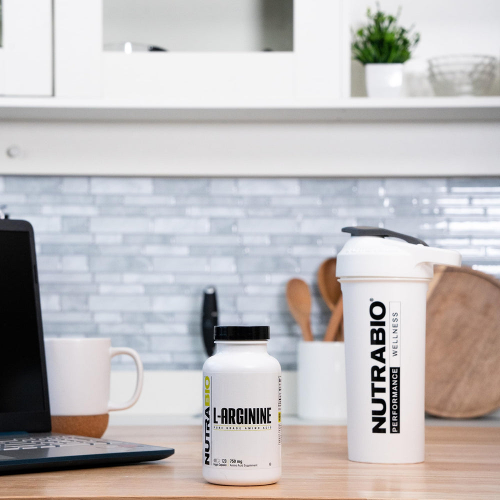 NutraBio L-Arginine packaging on shelf signaling USA-made quality
