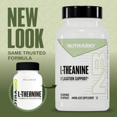 Closeup of NutraBio L-Theanine capsules for clarity.