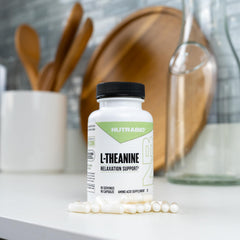 NutraBio L-Theanine label full view showing ingredients and certifications.