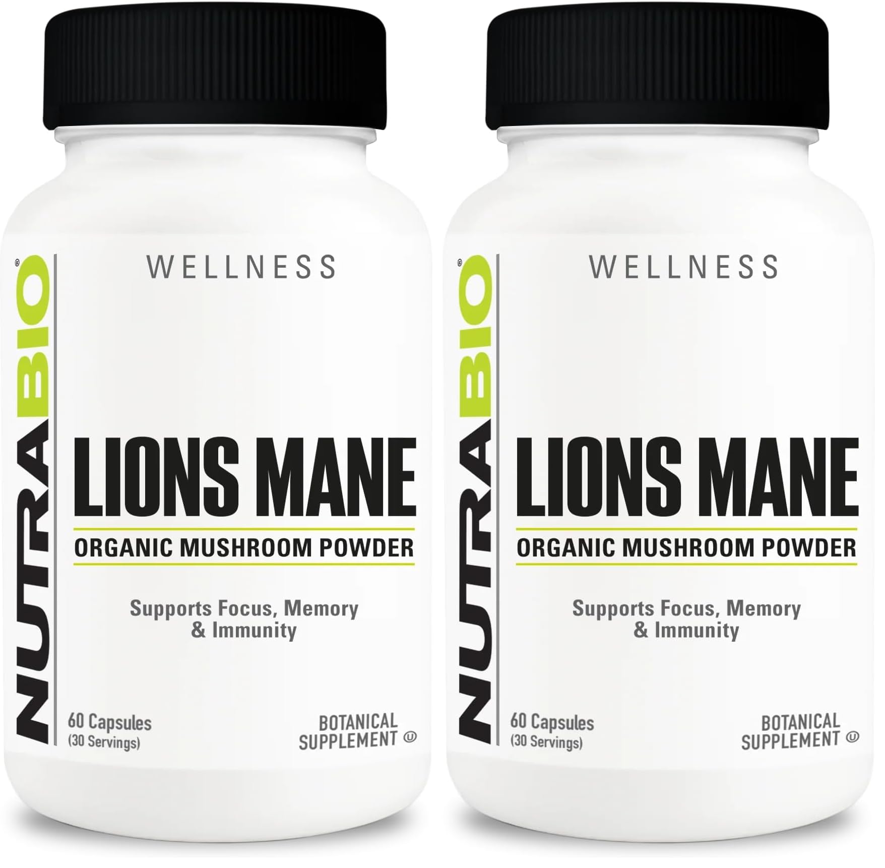NutraBio Lions Mane capsules bottle on shelf signaling focus and mental clarity support