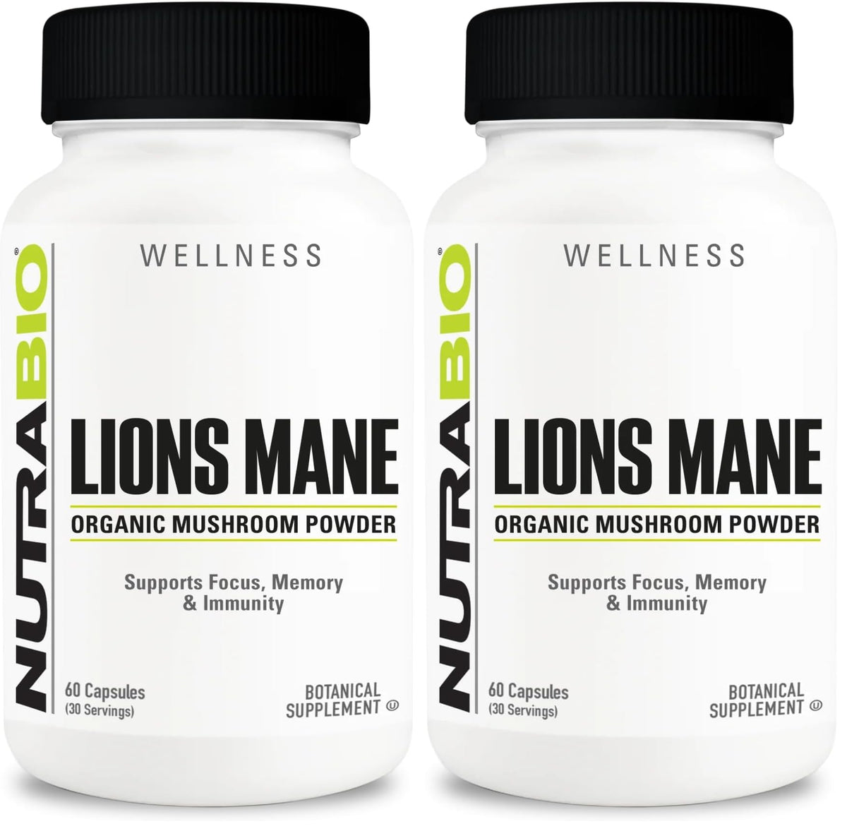 NutraBio Lions Mane capsules bottle on shelf signaling focus and mental clarity support