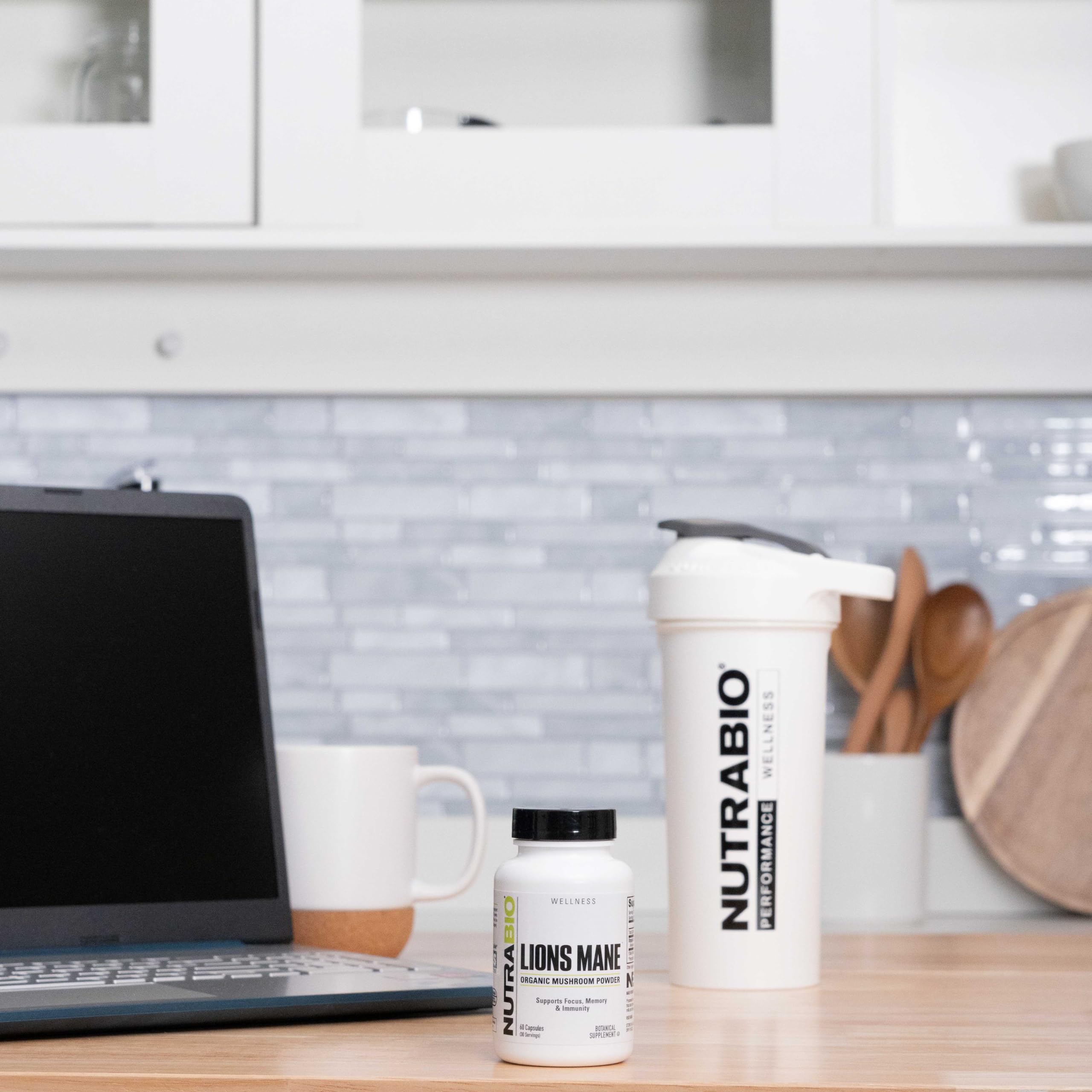 Close-up of NutraBio Lions Mane capsules highlights premium organic extract