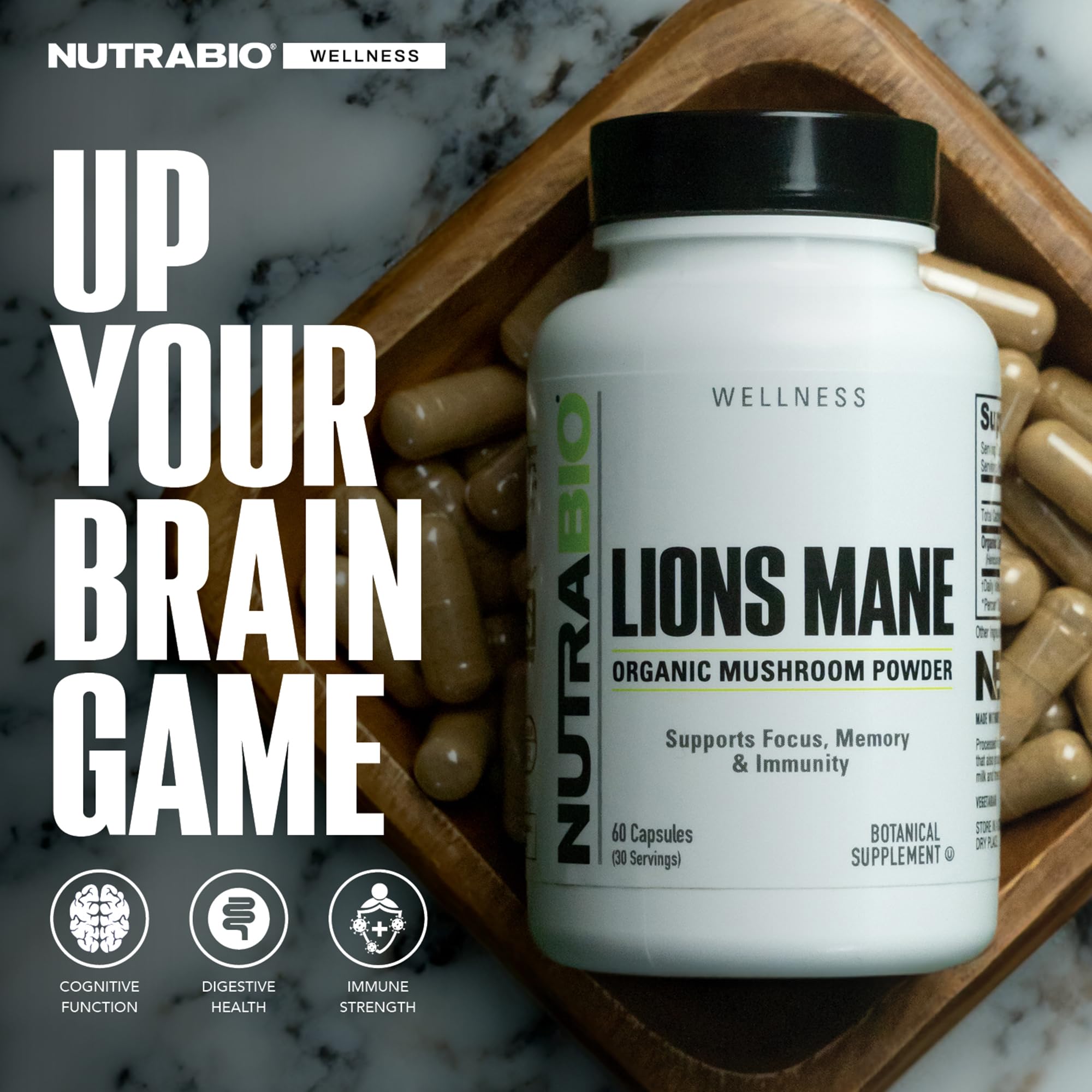 NutraBio Lions Mane label design showing green branding and quality