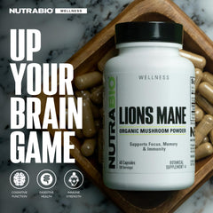 NutraBio Lions Mane label design showing green branding and quality