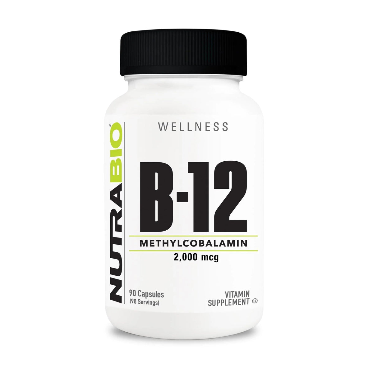 NutraBio Methyl B-12 bottle label highlighting 2000mcg for energy support