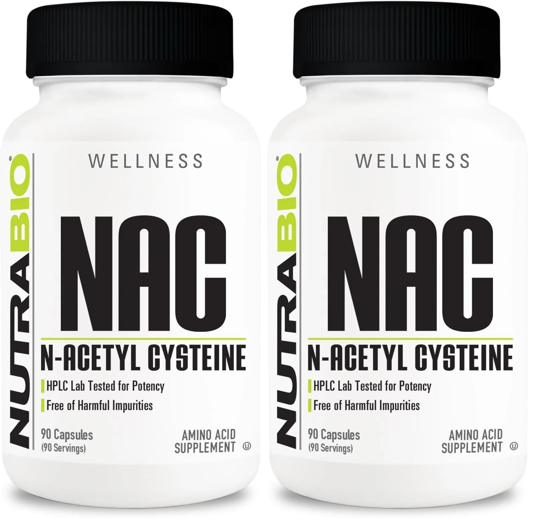 NutraBio NAC bottle label close-up showing dosage and quality.