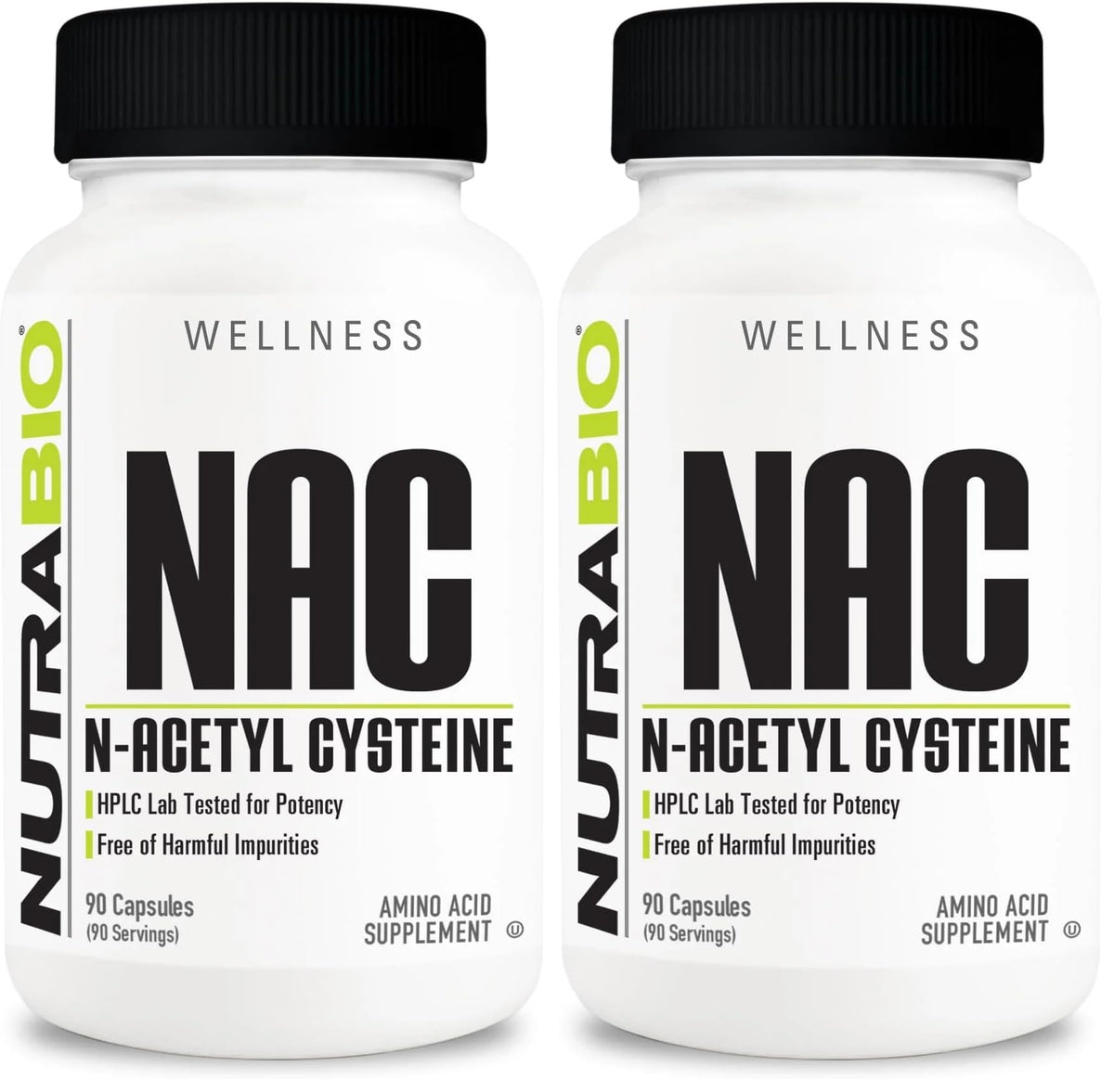 NutraBio NAC bottle label close-up showing dosage and quality.
