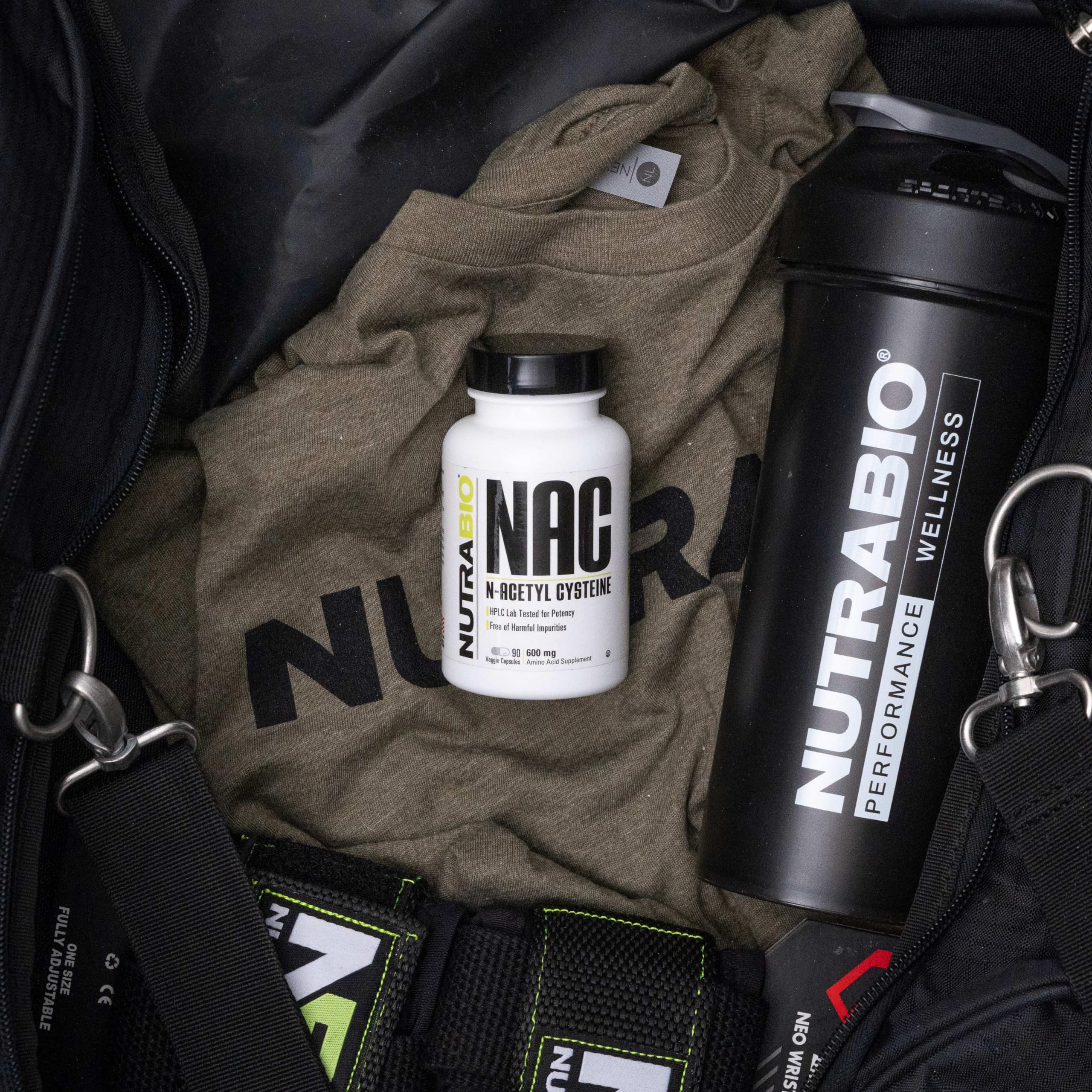 NutraBio NAC capsules arranged to emphasize potency.