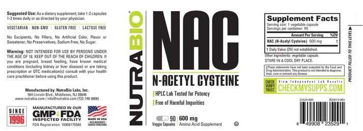 NutraBio NAC product label lists kosher and non-GMO claims.