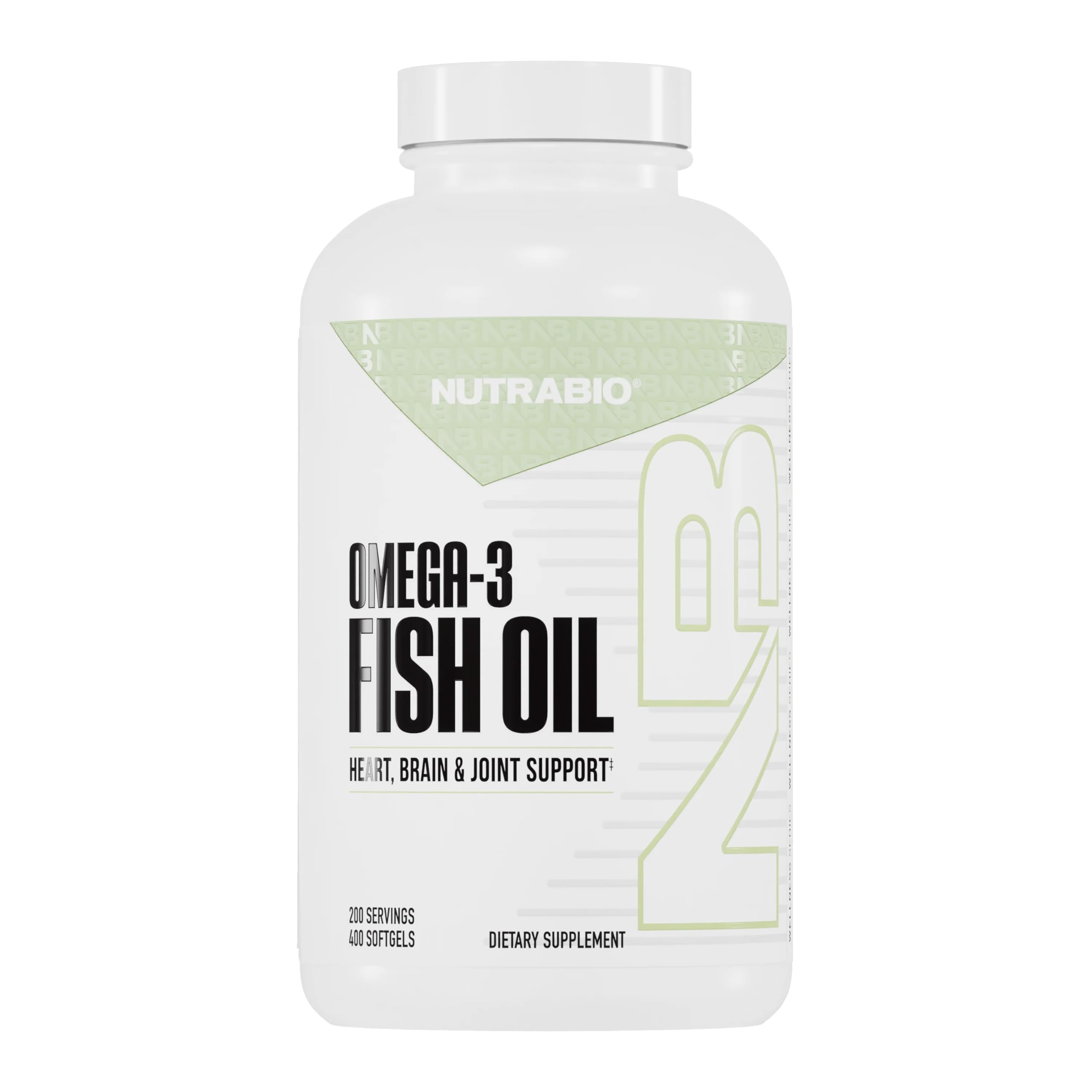 NutraBio Omega-3 bottle front view highlighting high potency omega-3 for daily support.