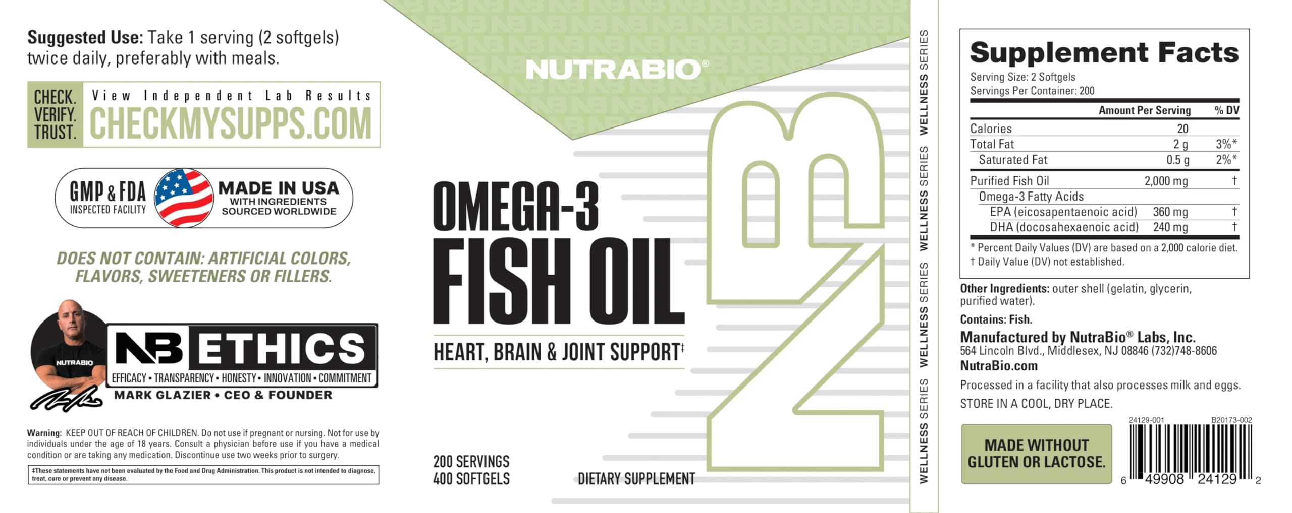 NutraBio Omega-3 bottle label detailing EPA and DHA information.