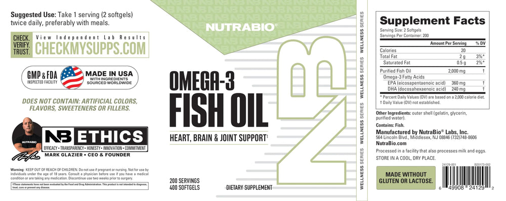 NutraBio Omega-3 bottle label detailing EPA and DHA information.
