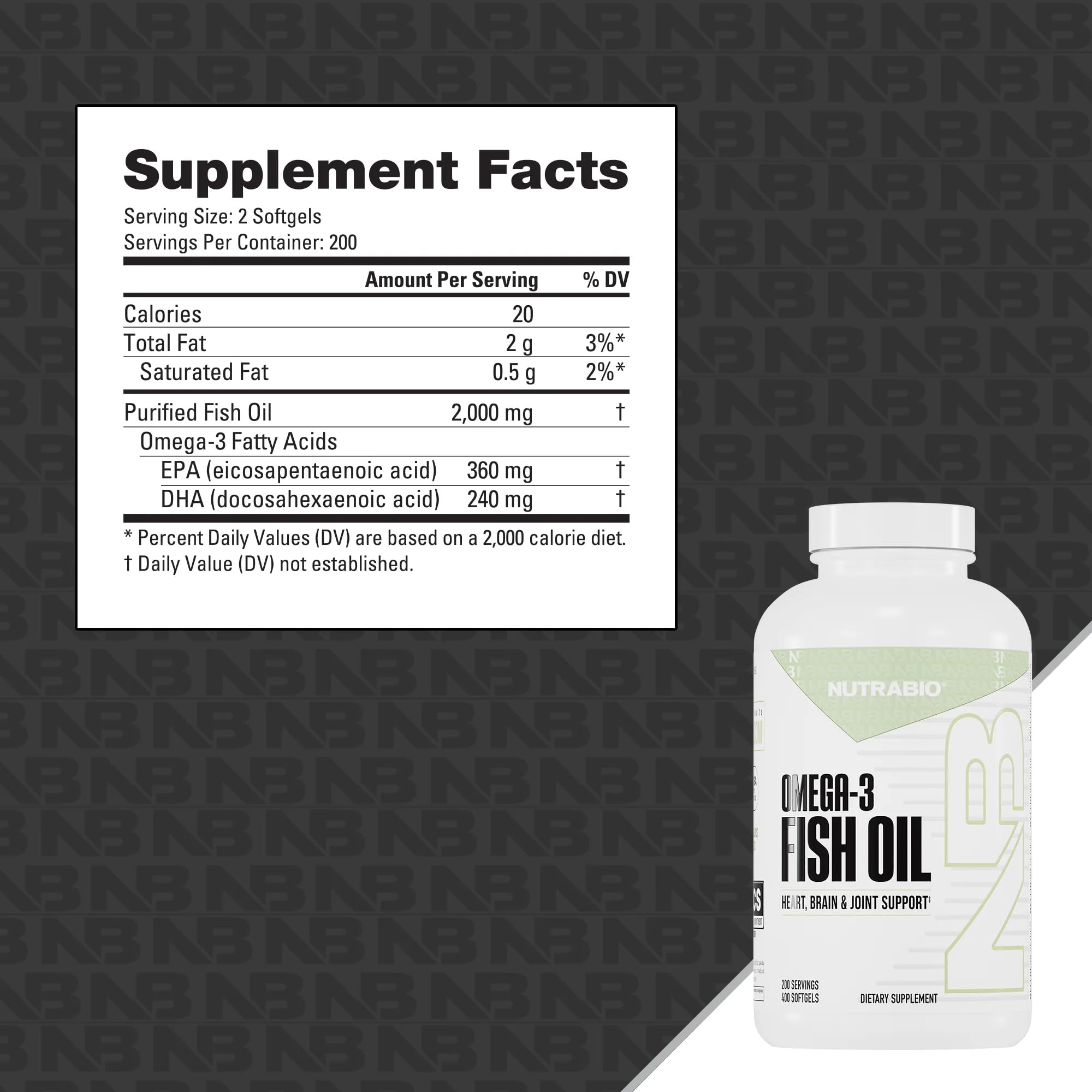 NutraBio Omega-3 softgels close-up showing smooth capsules for daily use.