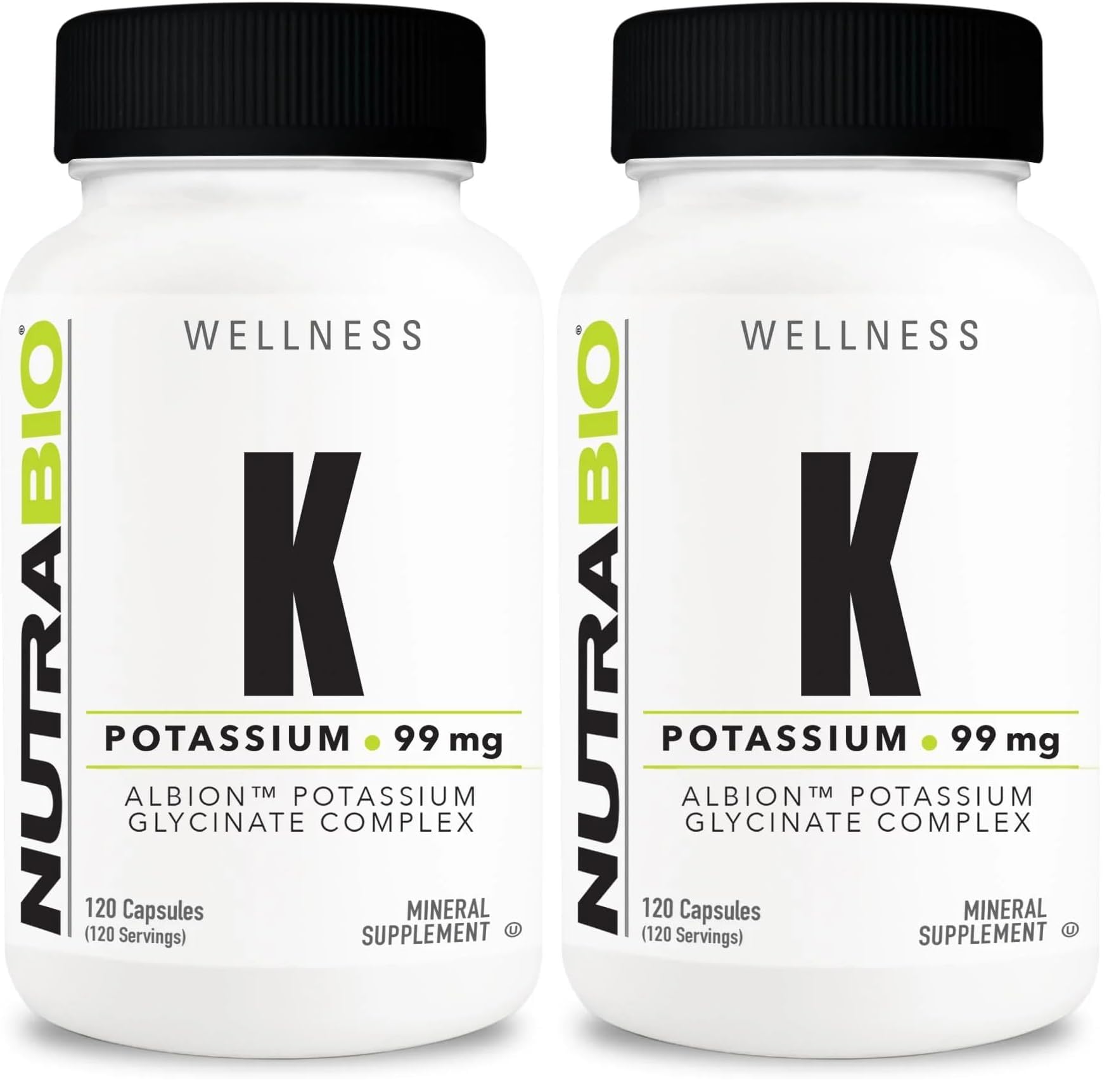 NutraBio Potassium Complex bottle label; 99 mg per capsule for daily balance.