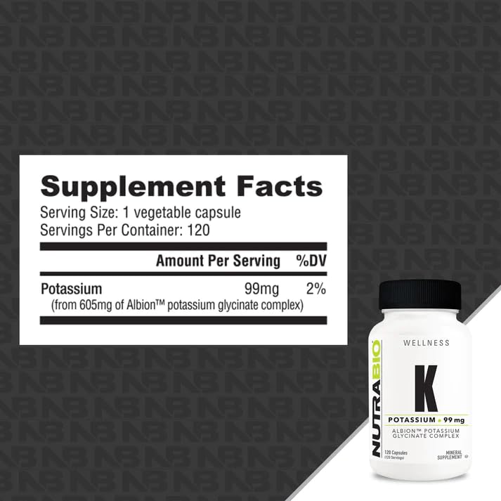 NutraBio Potassium Complex capsules close-up; Albion amino acid complex for absorption.